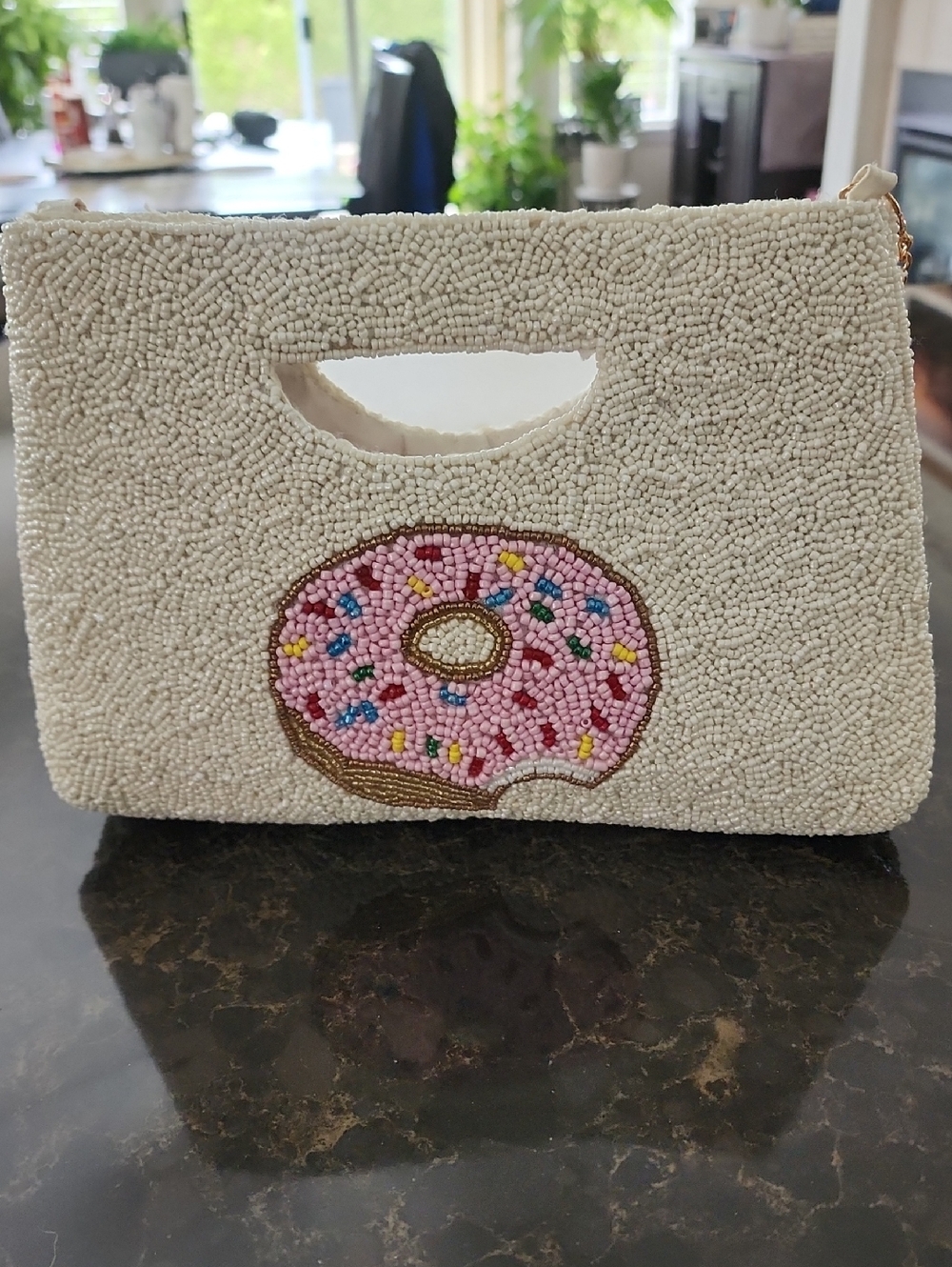 Rachel Zoe Cream Beaded Clutch with Pink Donut Motif